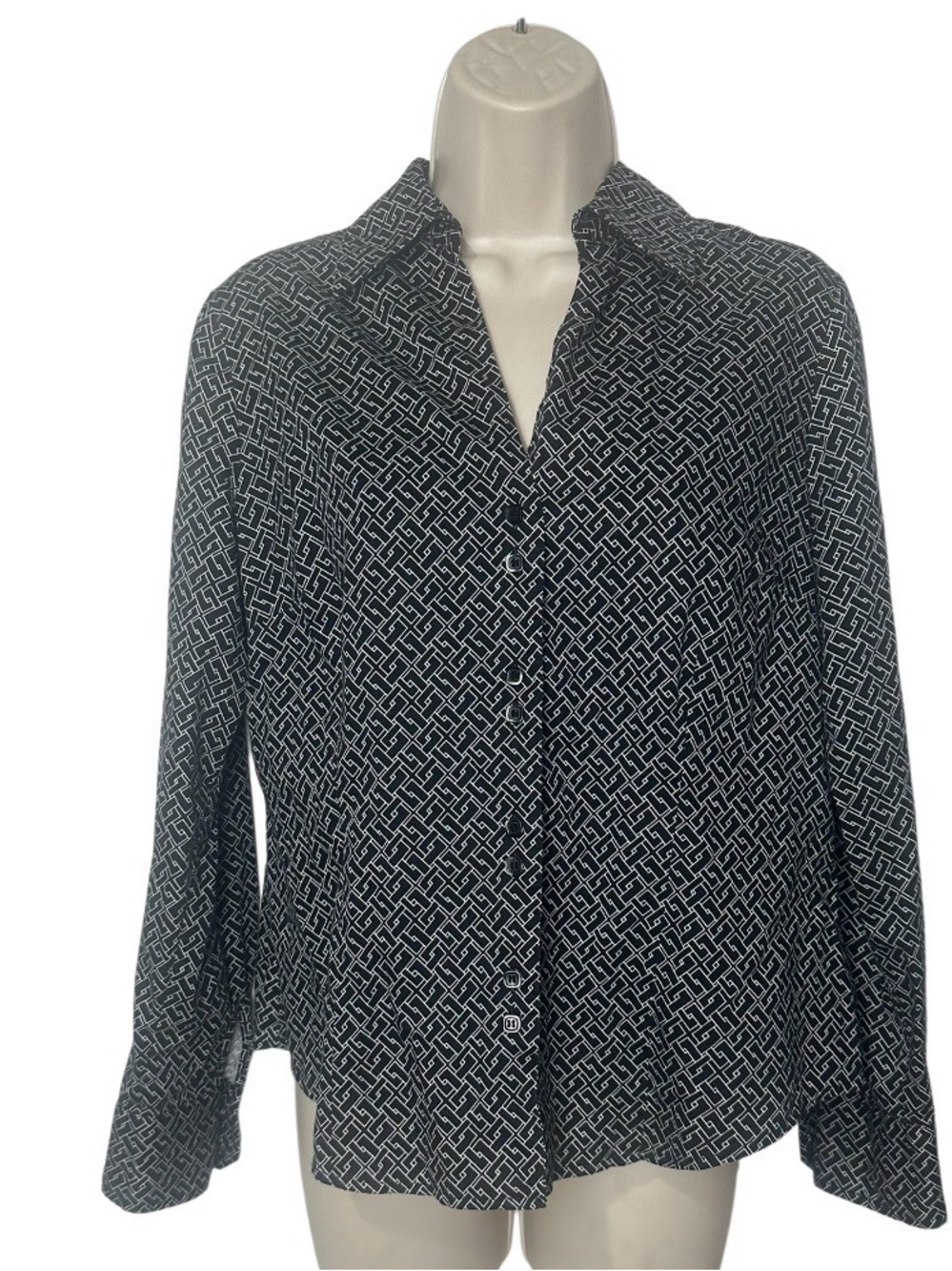 Charter Club Black and White Geometric Button-Down Blouse